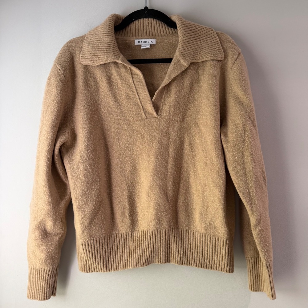 Athleta Polo Sweater Womens L Tan Excellent Merino Wool Cashmere V-Neck Ribbed